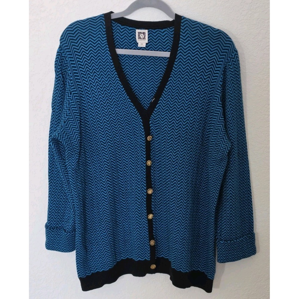 VTG Anne Klein 2X Turquoise/Black Geometric Sweater Cardigan Classic Quiet Lux